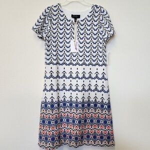 Jessica Simpson White Dress with Navy and Coral Pattern